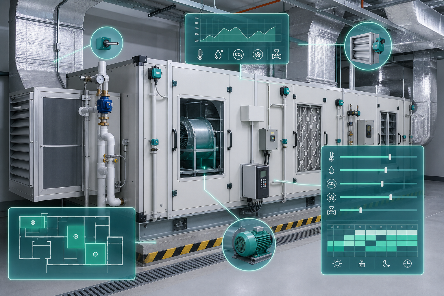 ภาพ Air Handling Unit พร้อม Sensor, VSD, Damper และ BAS dashboard