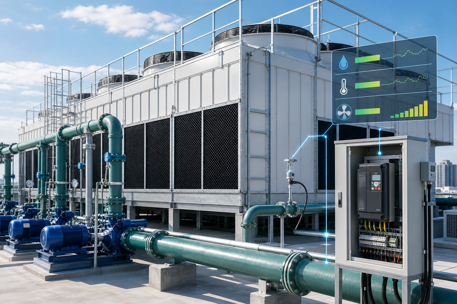 ภาพ Cooling Tower พร้อม Fan VSD และ Sensor อุณหภูมิ