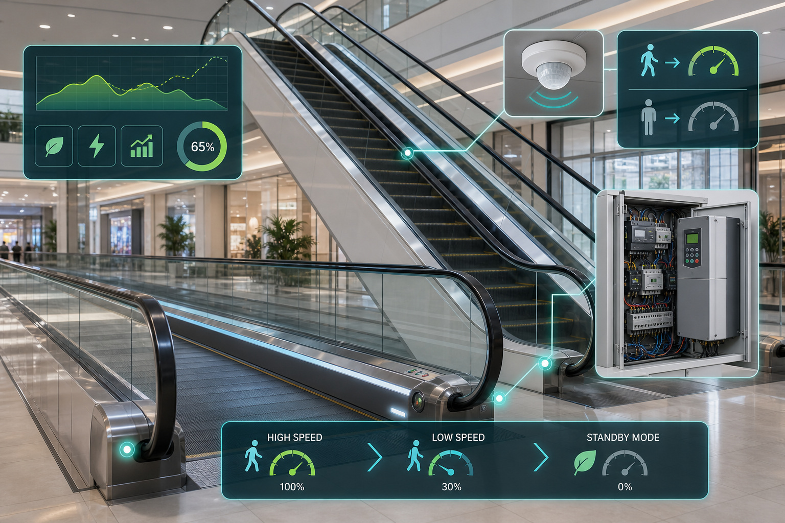ภาพ Escalator พร้อม Sensor และ BAS control สำหรับประหยัดพลังงาน