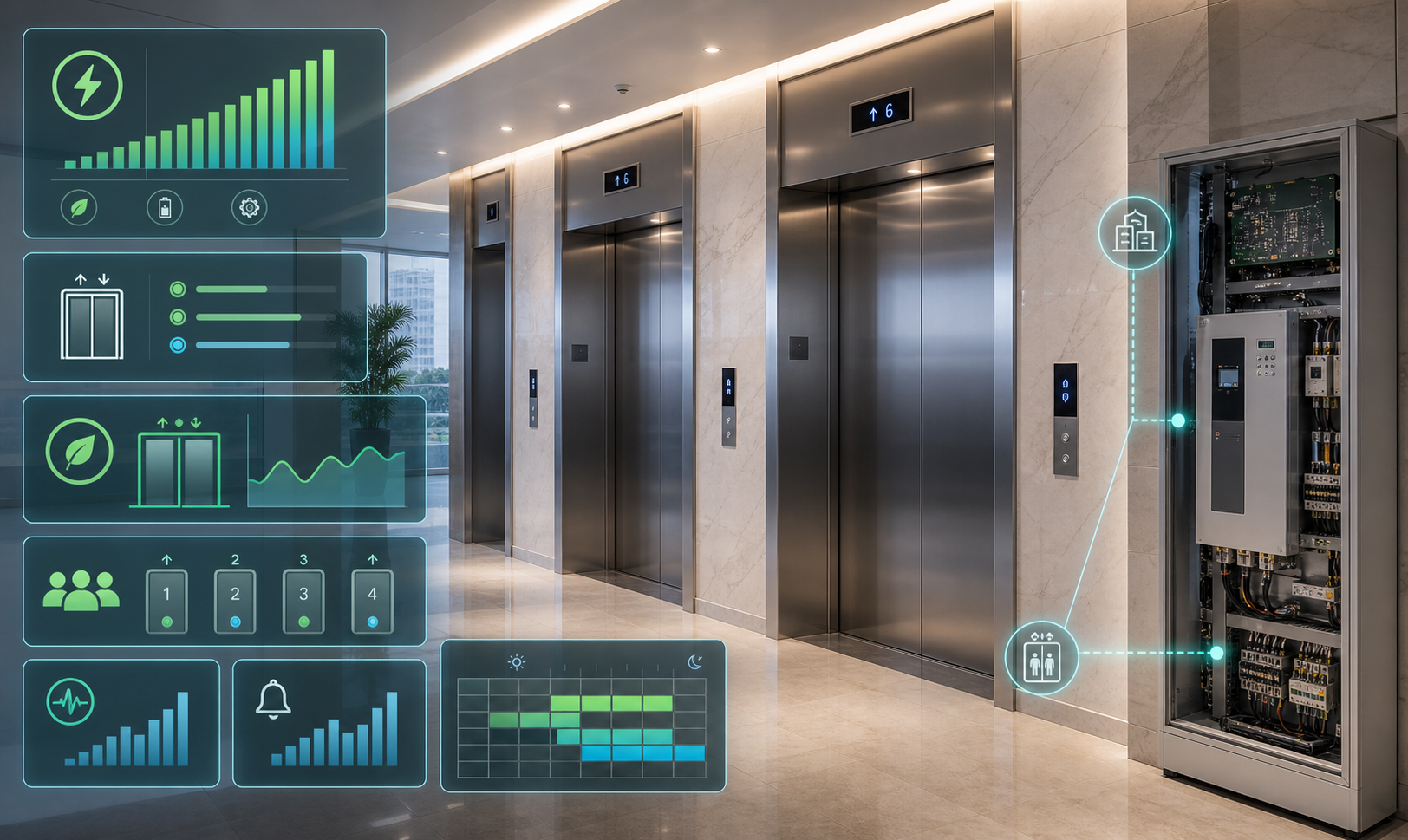 ภาพ Lift Group พร้อม BAS monitoring สำหรับลด Peak Demand และ kWh
