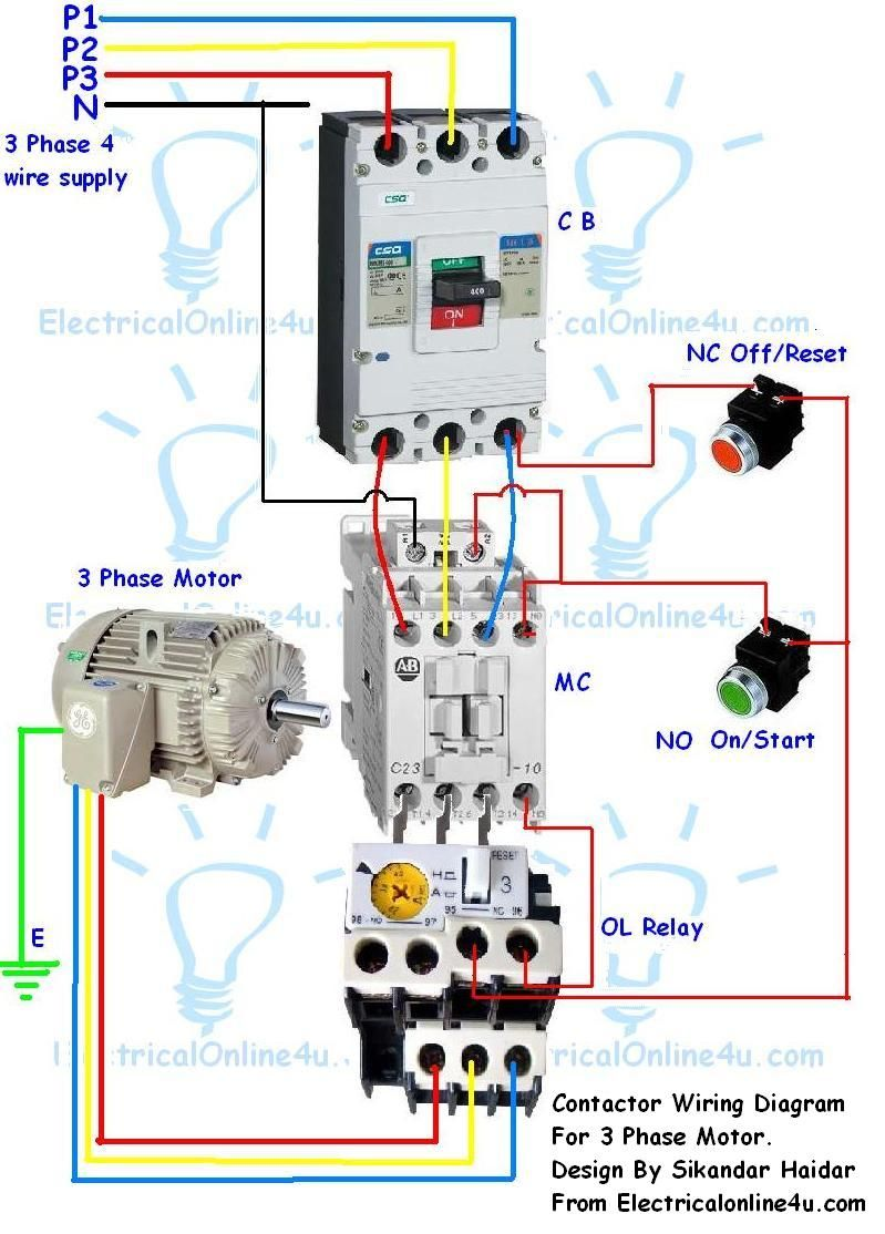 DOL Starter equipment wiring example with circuit breaker, magnetic contactor, overload relay, push buttons, and three phase motor