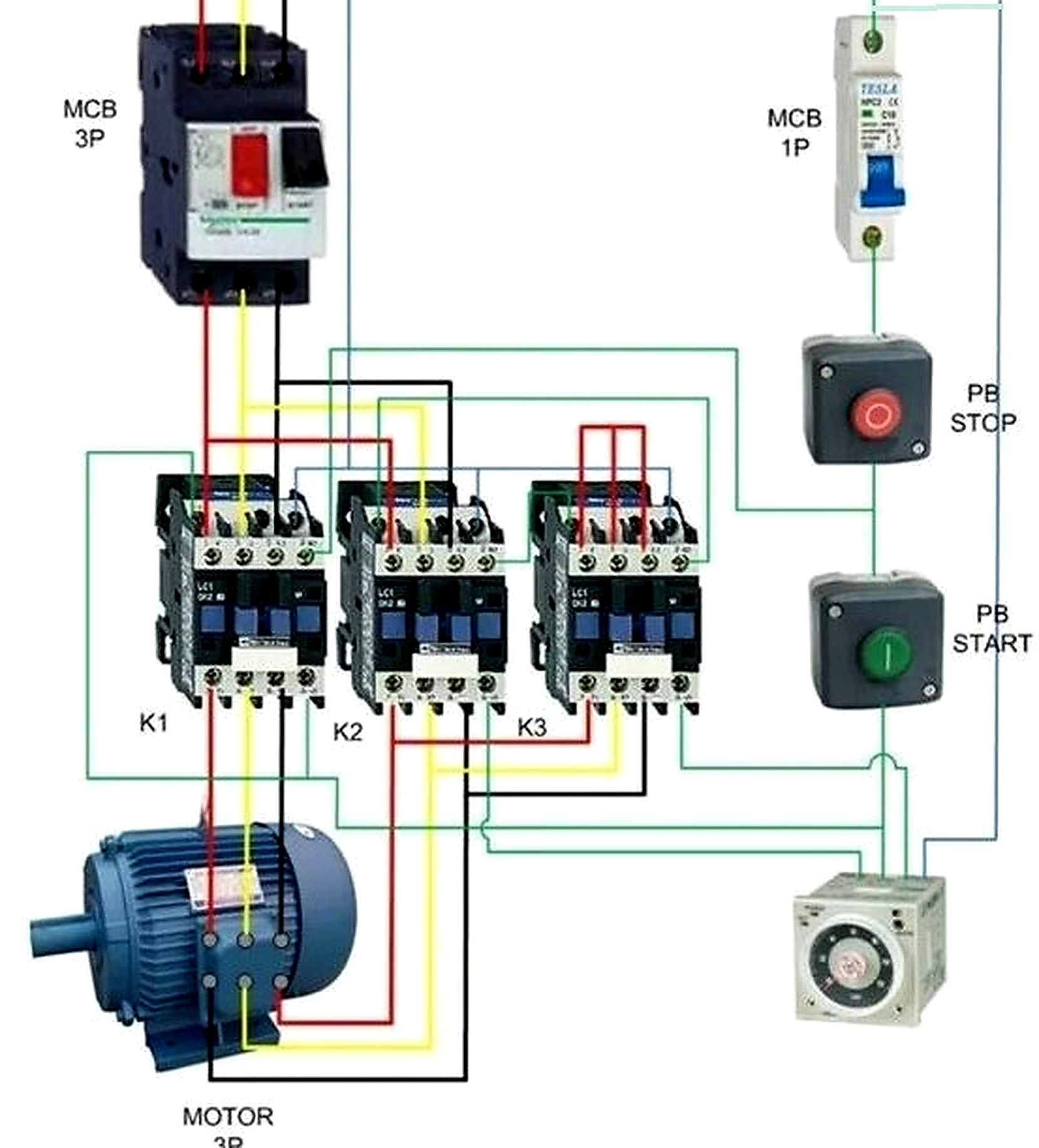Star-Delta Starter equipment wiring example with contactors, push buttons, timer, and motor